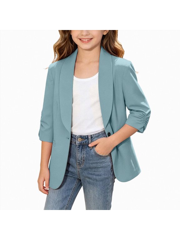 Girls Blazer Jacket Teen Open Front 3/4 Sleeve Blazers Kids Graduation Formal Suit Jackets with Pockets One Button(Sky Blue,8-9 Years)