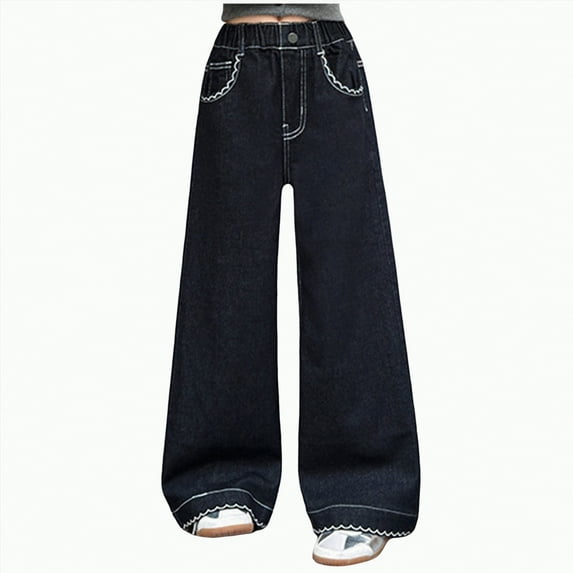 mgoYE Girls Bootcut Jeans Girls Cargo Pants Baggy Y2K Cargo Trousers Jeans Wide Leg Pants with Multi Pockets Baggy Jeans for Girls(Dark Blue,13-14 Years)