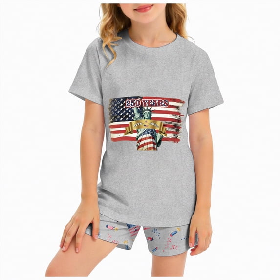 mgoYE Girls Boy's 250 Years America Anniversary 250th Independence Day Vintage O-Neck Shorts Set America 250th Anniversary Shorts Set Boys(Grey,11-12 Years)