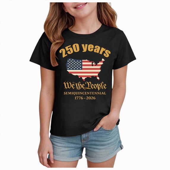 mgoYE Girls Boy's American 250th Anniversary Printed Casual Sweatshirt 250 Years 1776–2026 Patriotic Shirt 250th Anniversary USA Shirts Gifts for Girls(Black,5-6 Years)