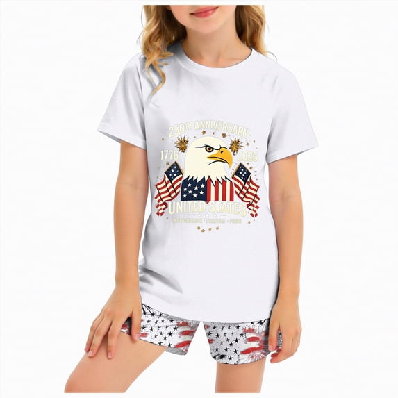 mgoYE Girls Boys American Flag Outfit Set 4th of July Shorts Set Patriotic Shorts Sleeve Shorts Set USA Flag Stripe Star Summer Blouse Shorts Set 250th Anniversary USA Clothing Girls