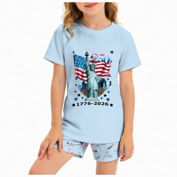 mgoYE Girls Boys American Flag Outfit Set USA Flag Stars Stripes Graphic Blouse Patriotic Outfit Set 4th of July Shorts Set Summer Shorts Set 250th Anniversary Gifts USA Shorts Set