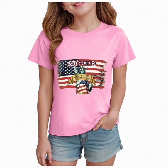 mgoYE Girls Boys American Flag Shirt 4th of July T-Shirt Patriotic Short Sleeve Tee USA Flag Stripe Star Summer Blouse Tops 250th Anniversary USA Flag Shirt Girls(Pink,1-2 Years)