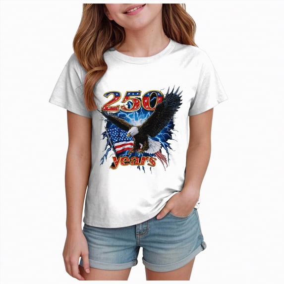 mgoYE Girls Boys American Flag Shirt Short Sleeve USA 4th of July Flag Tops Loose Patriotic Novelty T-Shirts 250th Anniversary Flag Tee(White,9-10 Years)