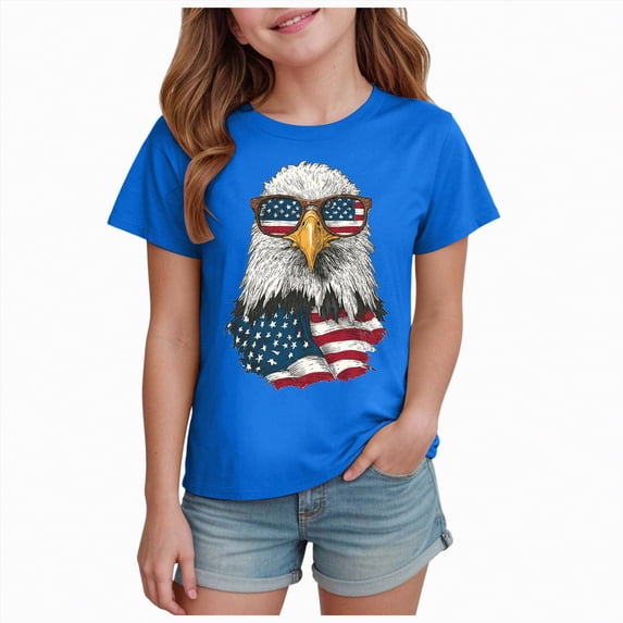 mgoYE Girls Boys American Flag Shirt Short Sleeve USA 4th of July Flag Tops Loose Patriotic Novelty T-Shirts 250th Anniversary USA Shirt Girls Boys(Blue,7-8 Years)