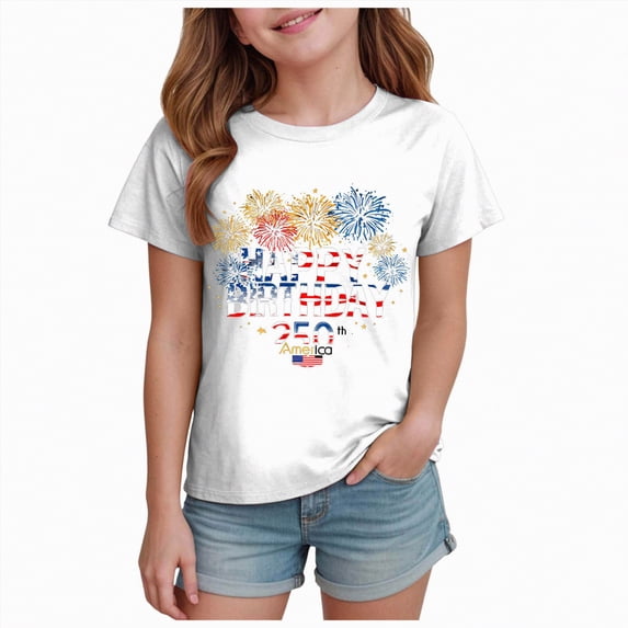 mgoYE Girls Boys American Flag Shirts USA Flag Stars Stripes Graphic Blouse Patriotic Shirt 4th of July T Shirt Summer Tops Tee 250th Anniversary USA Clothing Girls(White,7-8 Years)