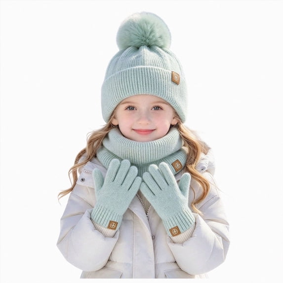 mgoYE Girls Boys Beanie Hat Glovs Set Fleece Lined Winter Hat with Pom Pom for Cold Weather