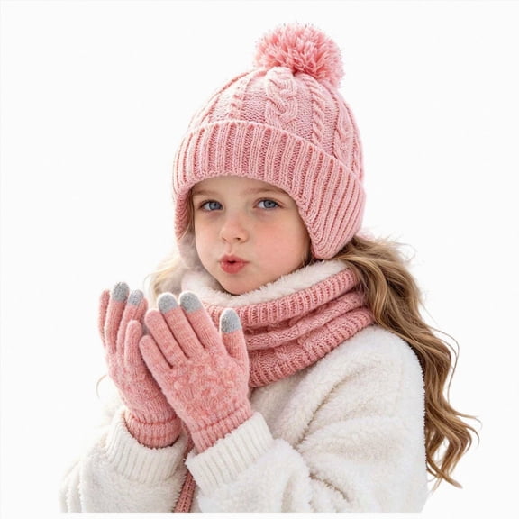 mgoYE Girls Boys Solid Color Beanie Hat Glovs Set Fleece Lined Winter Hat with Pom Pom for Cold Weather