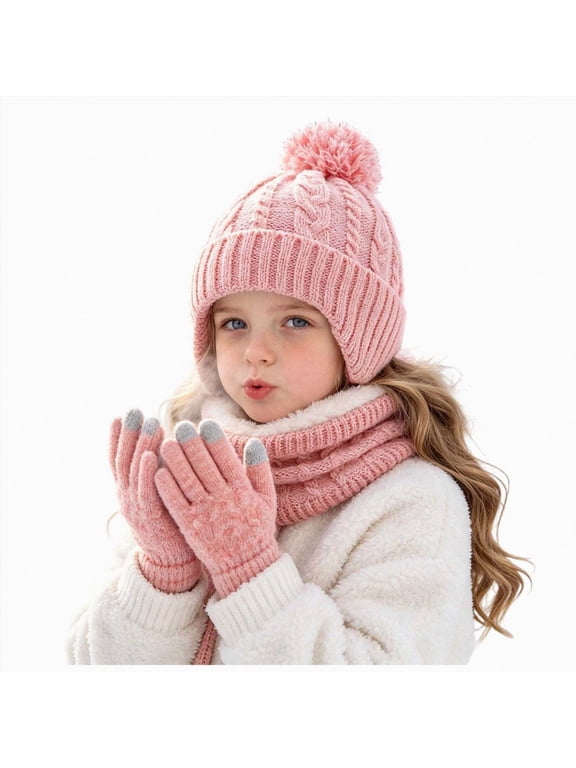 Girls Boys Solid Color Beanie Hat Glovs Set Fleece Lined Winter Hat with Pom Pom for Cold Weather