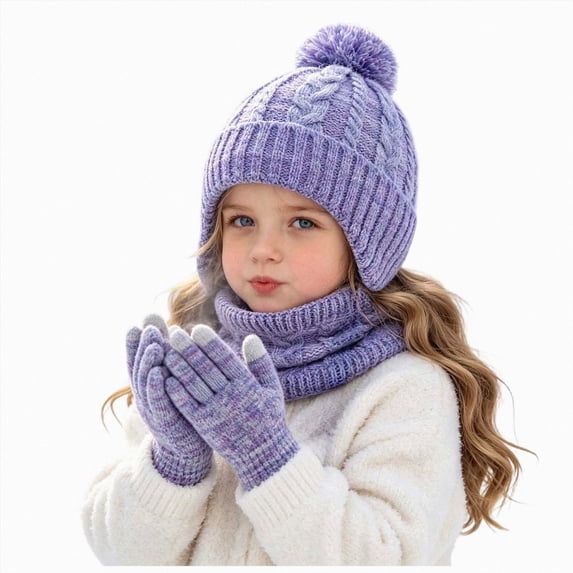 mgoYE Girls Boys Solid Color Beanie Hat Glovs Set Fleece Lined Winter Hat with Pom Pom for Cold Weather