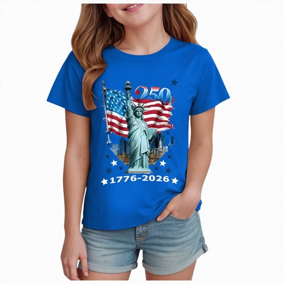 mgoYE Girls Boys T-Shirts Graphic Tees Girls Boys 250 Years of Freedom 1776 2026 American Flag 4 July Vintage O-Neck T-Shirt 250th Anniversary USA Clothing Girls(Blue,5-6 Years)