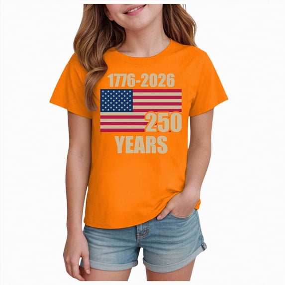 mgoYE Girls Boys T-Shirts Graphic Tees Girls Boys 250 Years of Freedom 1776 2026 American Flag 4 July Vintage O-Neck T-Shirt 250th Anniversary USA Polo Shirt Girls(Orange,2-3 Years)