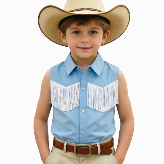 mgoYE Girls Boys Western Shirt Pearl Snap Button Down Cowgirl Outfits Sleeveless Blouse Tops(Sky Blue,9-10 Years)