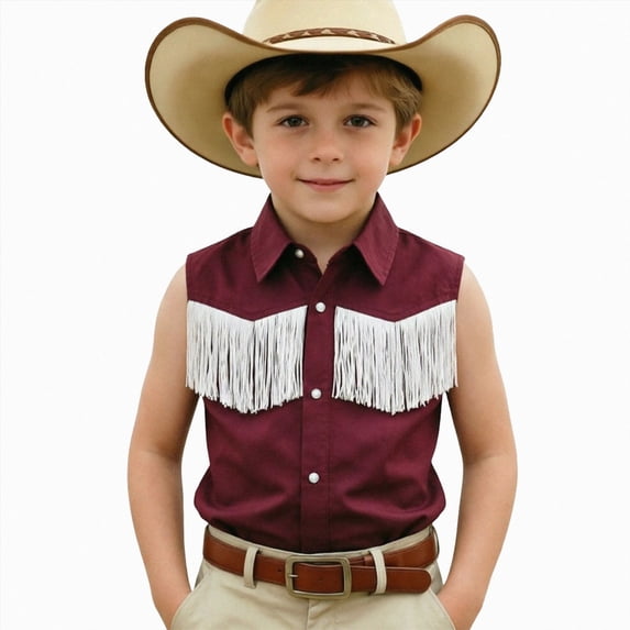 mgoYE Girls Boys Western Shirt Pearl Snap Button Down Cowgirl Outfits Sleeveless Blouse Tops(Wine,7-8 Years)