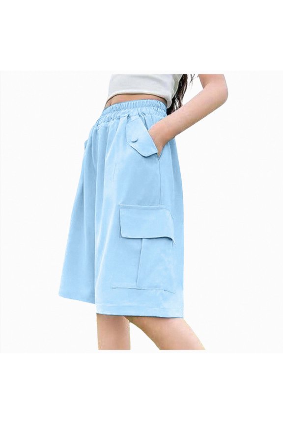 Girls Cargo Shorts Lightweight Short Pants with Pockets Summer Cargo Shorts for Kids Casual Hiking Sports(Blue,6-8 Years)