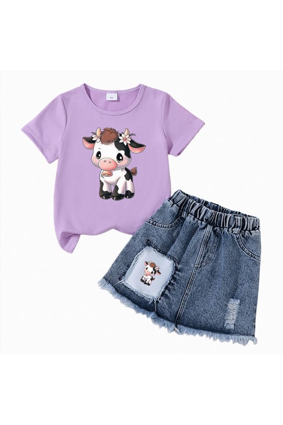 Girls Clothes 2 Piece Cherry/Cow Print Short Sleeve Top & Ripped Jeans Set Girls Summer Demin Shorts Outfits for 2-7 Years|I 4-5 Years