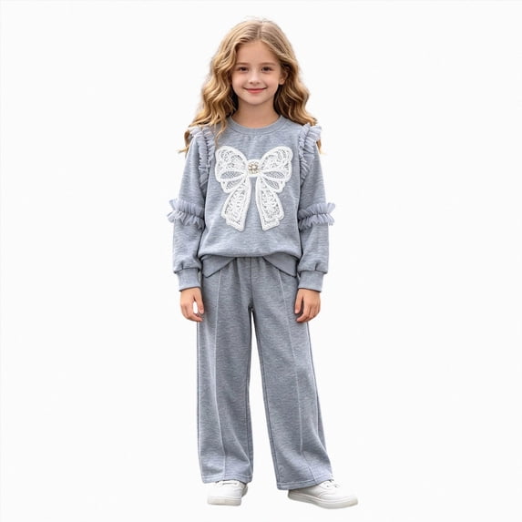 mgoYE Girls Clothes 2 Piece Fall Outfits Bow Sweatshirts & Pants Clothing Set Cute Girl Clothes(Grey,4-5 Years)