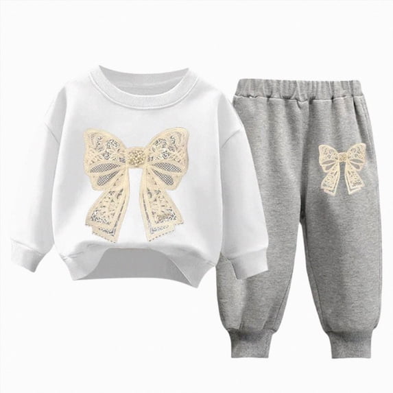mgoYE Girls Clothes Long Sleeve White Bow Sweatershirt and Pants 2 Pieces Fall Winter Outfits Set 1-2 Years