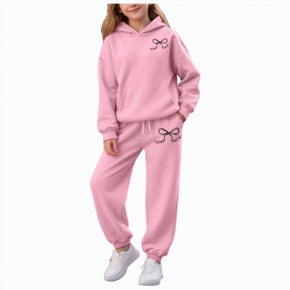 mgoYE Girls Clothes Size 8 Boys Clothes Long Sleeve Solid Kangaroo Pocket Hoodie Top and Pants Fall Winter 2 Piece Outfits(Pink,7-8 Years)
