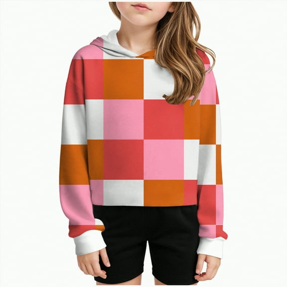 mgoYE Girls Crop Tops Kids Hoodies Cute Plaid Color Block Shirts Long Sleeve Cropped Casual Pullover Fashion Sweatshirts|Pink 9-10 Years