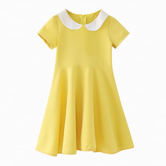 mgoYE Girls Dress Easter Dress Girl's Peter Pan Collar Dress Short Sleeve Casual Flare Skater Dresses(Yellow,9-10 Years)
