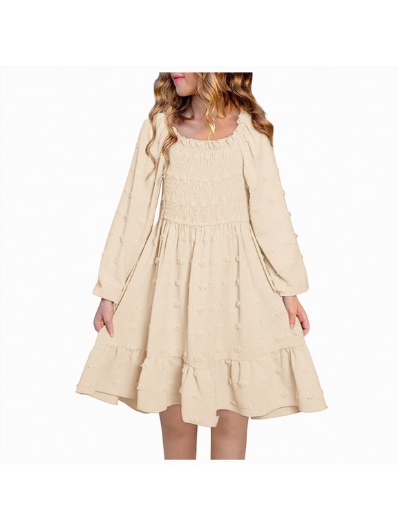 Girls Dress Easter Dress Girls Long Sleeve Dress Dot Square Neck Smocked Spring Fall Dresses(Khaki,11-12 Years)