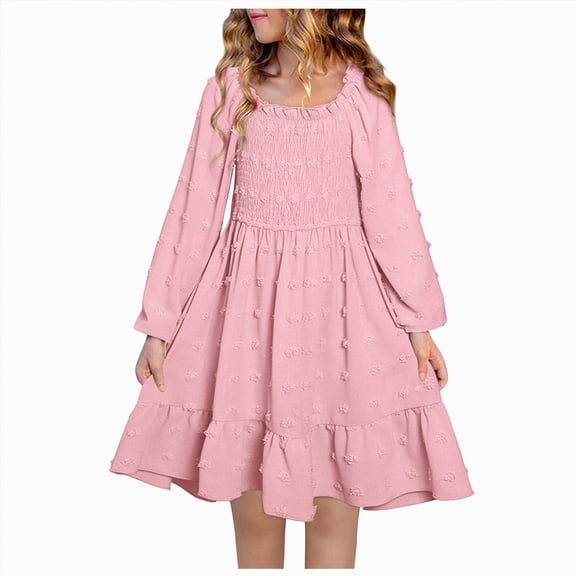 mgoYE Girls Dress Easter Dress Girls Long Sleeve Dress Dot Square Neck Smocked Spring Fall Dresses(Pink,11-12 Years)