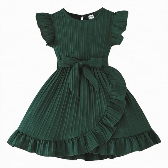 mgoYE Girls Dress Easter Dress Girls Summer Dresses Cute Ruffle Sleeve Flowy Dress(Dark Green,4-5 Years)
