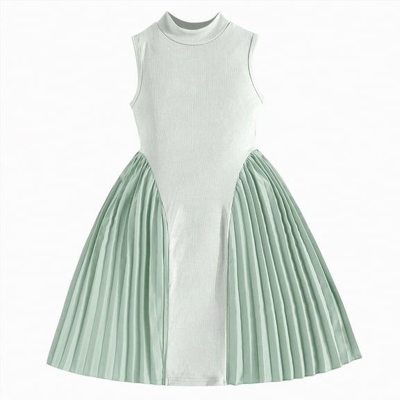 mgoYE Girls Dress Easter Dress Toddler Girls Stand Collar Sleeveless Dress Solid Patchwork Dresses Summer Casual Flowy Dress 2-7(Green,2-3 Years)