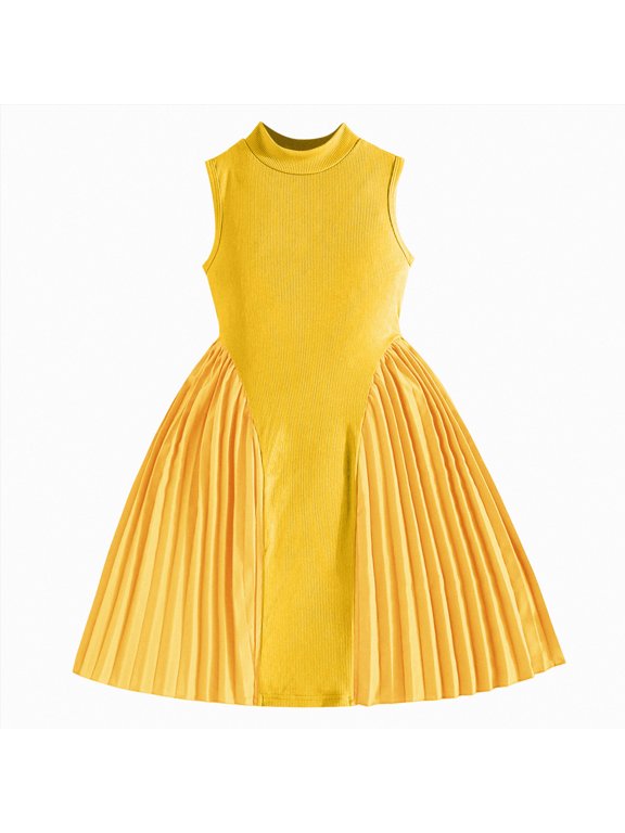 Girls Dress Easter Dress Toddler Girls Stand Collar Sleeveless Dress Solid Patchwork Dresses Summer Casual Flowy Dress 2-7(Yellow,6-7 Years)