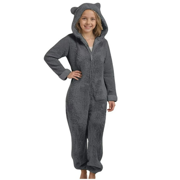 mgoYE Girls Fleece Hooded Onesie Pajamas 2-13 T Cute One Piece Fuzzy Sleepwear Zip Up Jumpsuits Winter Warm Lounge Outfits(Dark Gray,12-13 Years)