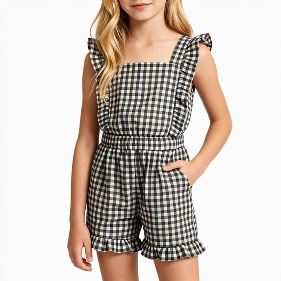 mgoYE Girls Gingham Romper Sleeveless Ruffle Jumpsuit Cute Square Neck Plaid Summer Shorts Outfits Playsuits with Pockets(Black,11-12 Years)