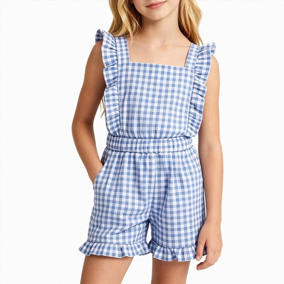 mgoYE Girls Gingham Romper Sleeveless Ruffle Jumpsuit Cute Square Neck Plaid Summer Shorts Outfits Playsuits with Pockets(Light Blue,5-6 Years)