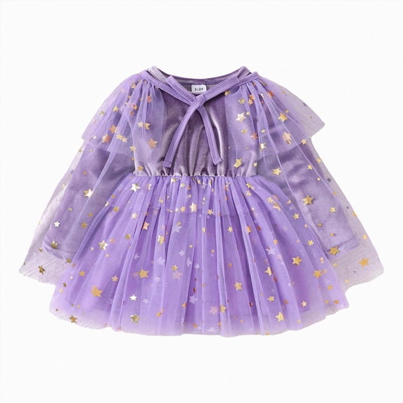 mgoYE Girls Halloween Dress Velvet Romper Dress With Cloak Cape Outfit Glitters Dress Cute Party Gown(Light Purple,1-2 Years)