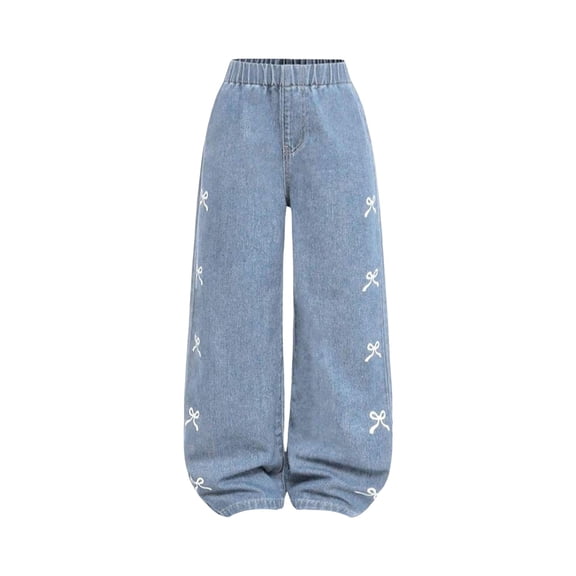 mgoYE Girls Jeans Baggy Jeans for Girls Wide Leg Ripped High Elastic Waisted Denim Pants Cute Summer Trousers Y2K Streetwear Ripped Jeans for Girls |Light Blue,6-7 Years