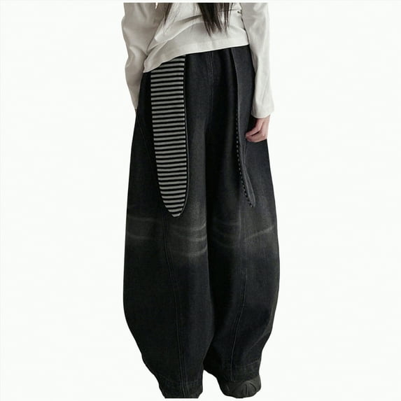 mgoYE Girls Jeans Girls Cute Wide Leg Flared Jeans Kids Oversized Elastic Waist Paper Bag Pants with Pockets Ripped Jeans for Girls(Black,7-8 Years)