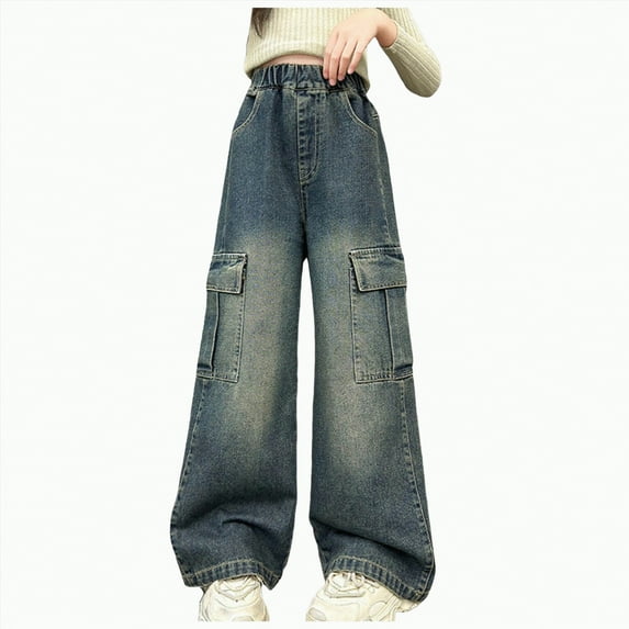 mgoYE Girls Jeans Size 10 Girls Crossover Flare Jeans Stretchy Bootcut Yoga Pants Bell Bottoms with Pockets Ripped Jeans for Girls(Dark Blue,4-5 Years)