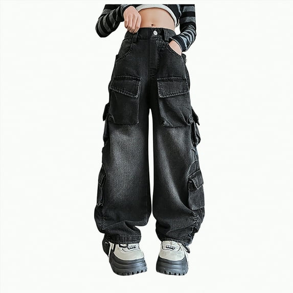mgoYE Girls Jeans Size 10 Girls Flared Denim Pants Wide Age Ranges Elastic Waistband Inside Stretchy Slim Jeans Baggy Jeans for Girls|Black 9-10 Years