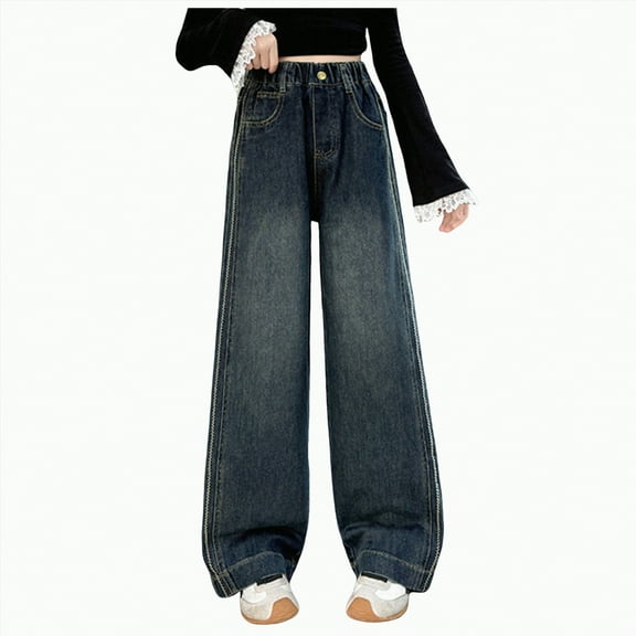 mgoYE Girls Jeans Size 8 Girls Jeans Cute Heart Bow Print Jeans High Elastic Waisted Denim Trousers Kids Casual Streetwear Wide Leg Baggy Jean Ripped Jeans for Girls(Dark Blue,10-12 Years)