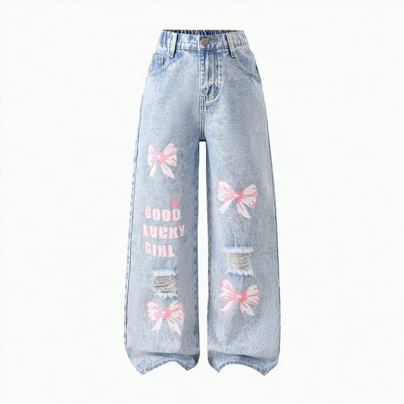 mgoYE Girls Jeans Size 8 Girls Jeans Cute Heart Bow Print Jeans High Elastic Waisted Denim Trousers Kids Casual Streetwear Wide Leg Baggy Jean Ripped Jeans for Girls|Light Blue 11-12 Years