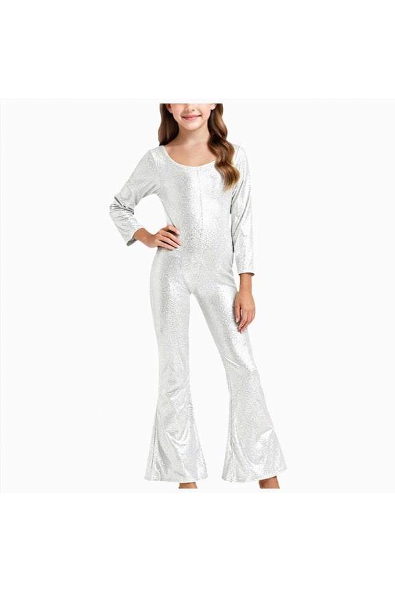 Girls Jumpsuit Girls Sequin Metallic Flared Jumpsuits Glitter Overalls Rompers Shinny Perform Dance Birthday Festival School Party(Silver,10-11 Years)