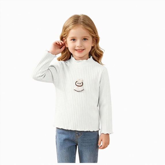 mgoYE Girls' Lettuce Trim Ribbed Shirts Cotton Blend Long Sleeve Crew Neck Base Layer Slim Fit Trendy Tops(White,3-4 Years)