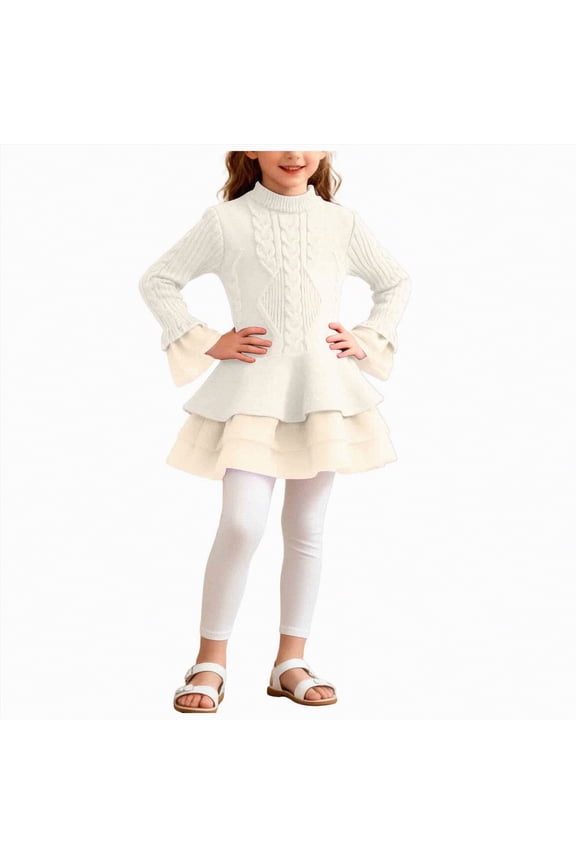 Girls Long Sleeve Autumn Winter Knit Sweater Christmas Dress Casual Wear(Beige,7-8 Years)