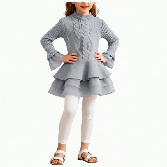 mgoYE Girls Long Sleeve Autumn Winter Knit Sweater Christmas Dress Casual Wear(Grey,5-6 Years)