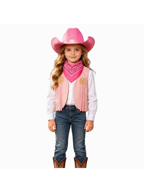 Girls Outfit Western Cowboy Outfit Kids' Vest & Bandana Set with Hat(Light Pink,5-6 Years)