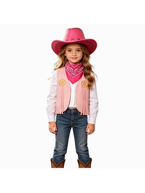 Girls Outfit Western Cowboy Outfit Kids' Vest & Bandana Set with Hat(Pink,18-24 Months)