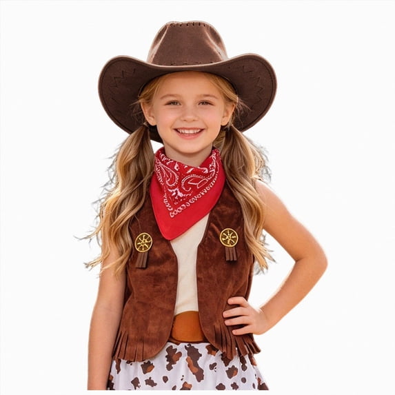 mgoYE Girls Outfit Western Cowboy Outfit Kids' Vest & Bandana Set with Hat