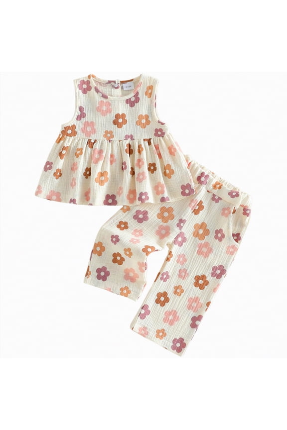 Girls Outfits Size 6 Toddler Girls Spring Outfit Peter Pan Collar Sleeveless Plaid Vest Tops Elastic Waist Pants Set Kids Summer Clothes(Beige,2-3 Years)