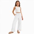 thumbnail image 1 of mgoYE Girls Pants Wide Leg School Uniform Pants Cozy Elastic Waist Summer Casual Beach Lounge Trousers with Pockets(White,13-14 Years), 1 of 4