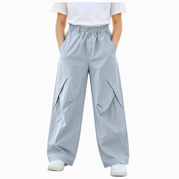mgoYE Girls Parachute Pants Kids Baggy Wide Leg Elastic Waist Track Pants Athletic Joggers with Pockets(Light Blue,11-12 Years)
